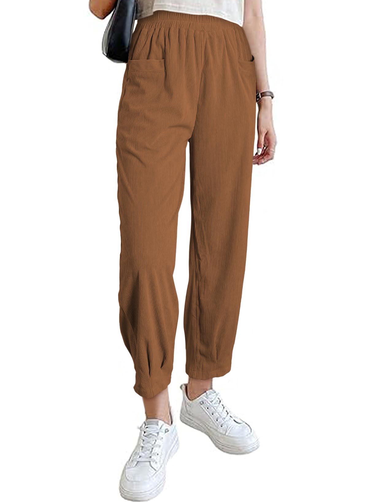 EVALESS Corduroy Pants for Women Elastic High Waist Tapered Work Pull On Ankle Pants Fall 2023 Comfy Trousers