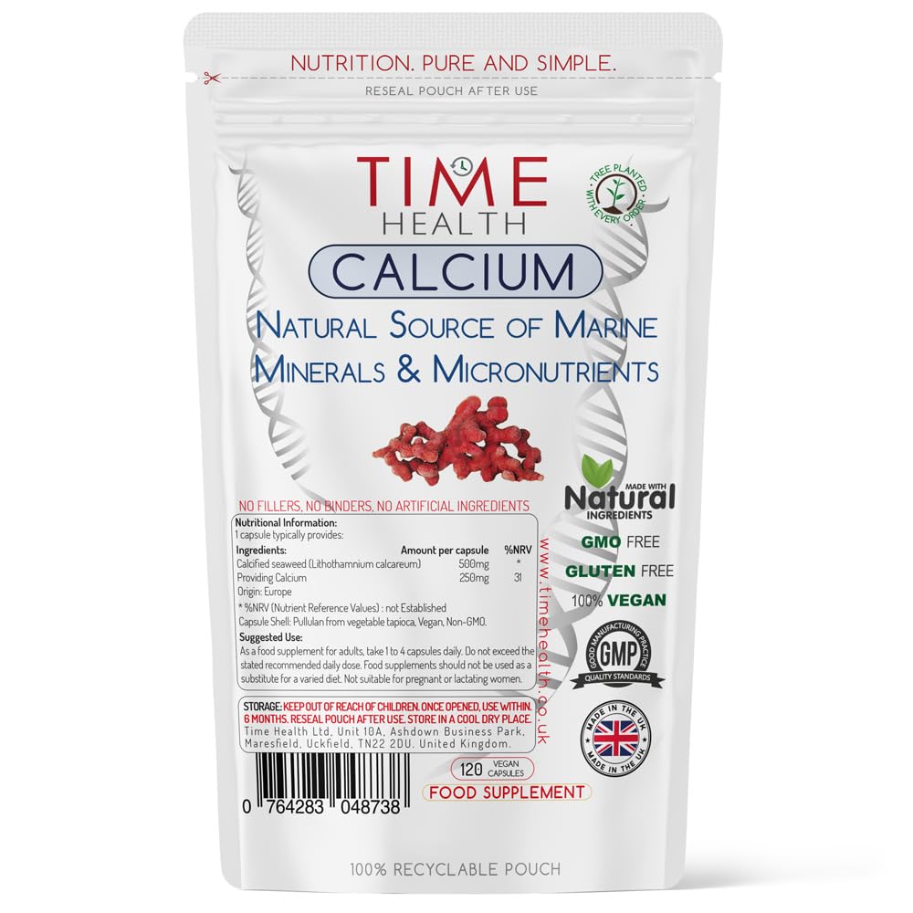 Marine Calcium and Trace Minerals – 120 Capsules – Made from Red Alga Lithothamnium calcareum – GMP Standards – UK Made Supplement - Zero Additives (100g Pouch)