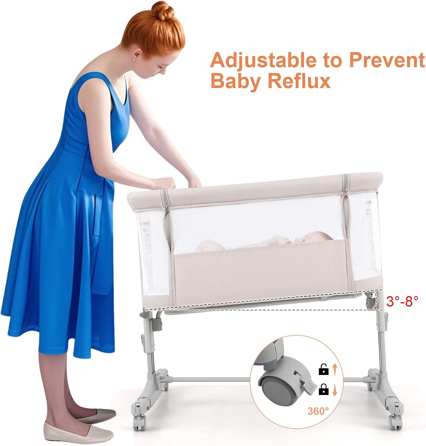 A woman adjusting the bassinet to a reclined position, illustrating the 3-8 degree tilt for reflux prevention.