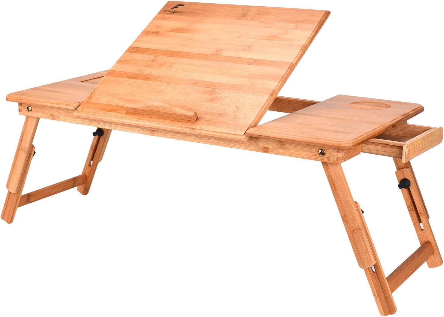 Bamboo Laptop Desk,Large Right-Left Handed Adjustable Portable Breakfast Serving Bed Lap Tray Table with Tilting Top Storage Drawer Size 28.7" x 13.8"