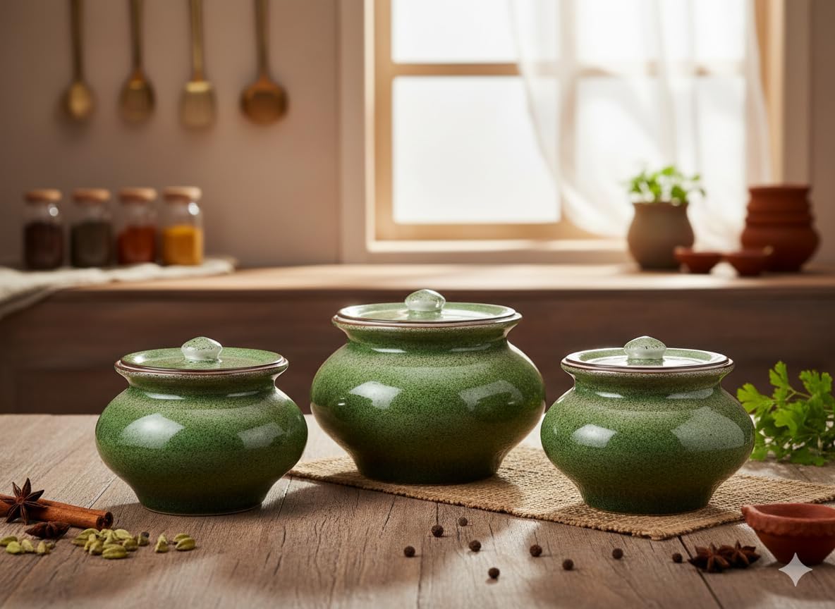 Ceramic Kitchen Storage Jars with Lids, Green Crackle Glaze, Set of 3, Round Canister Pots
