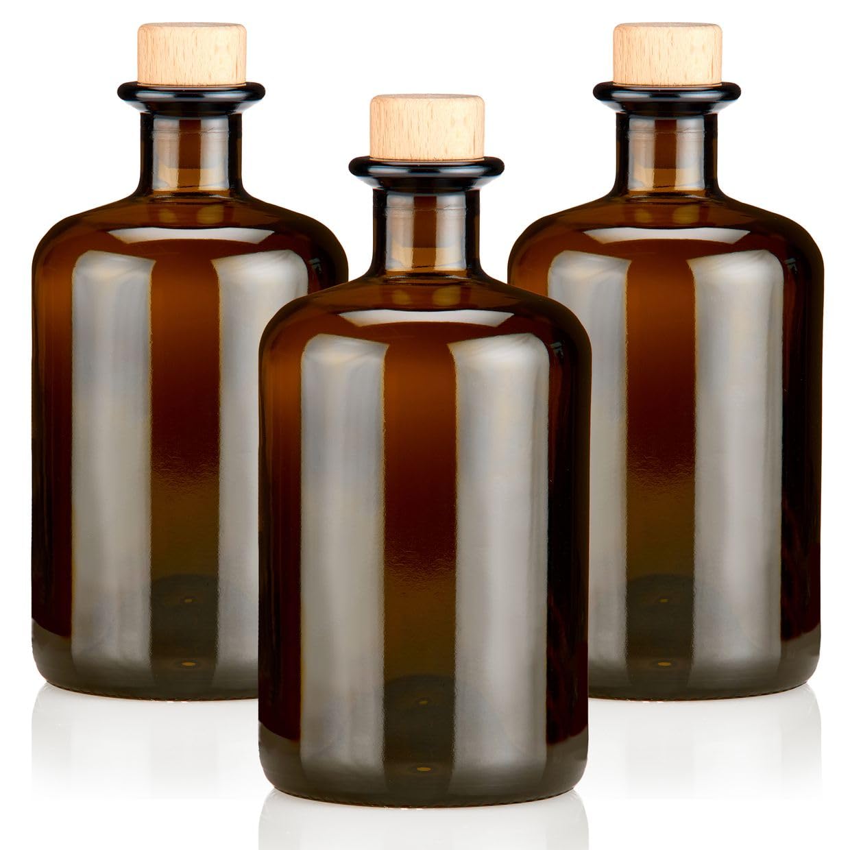Geniess-Bar! 3x Apothekerflaschen braun 500ml leer Holzkorken natur, elegante Braunglas Flaschen schwarz antik für Öl, Gin, Kräuter Schnaps od. als Geschenk 0,5L Glasflaschen Küche, Haushalt & Wohnen