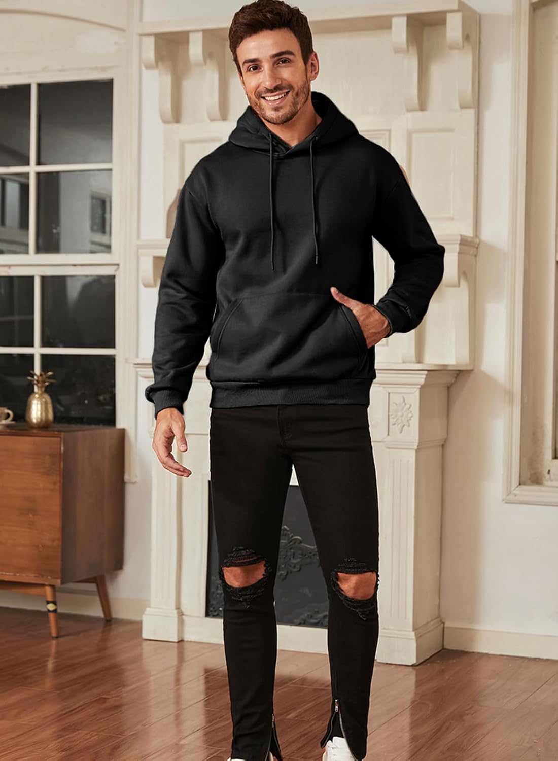 JMIERR Men's Relaxed Cotton Hoodie with Drawstring and Long Sleeves