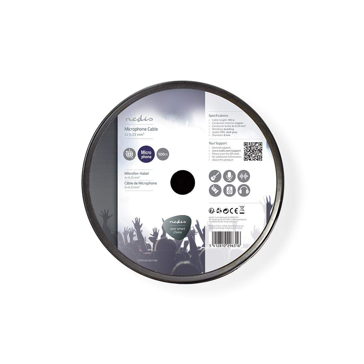 Nedis Cotr15010Gy100 Cable para Micrófono, 100 m en Bobina, Gris