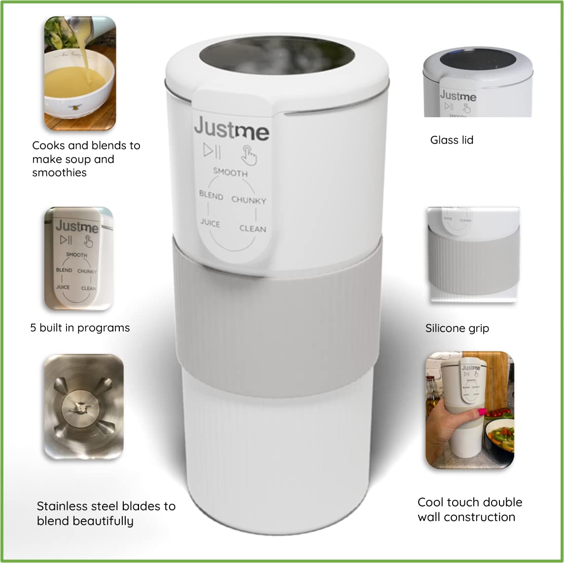 JustMe. La plus petite machine à soupe, les plus grands résultats. Machine à soupes et mélangeur à smoothie. Auto-nettoyage. Blanc. 5 programmes. Cuisine saine et facile. Léger. Version européenne