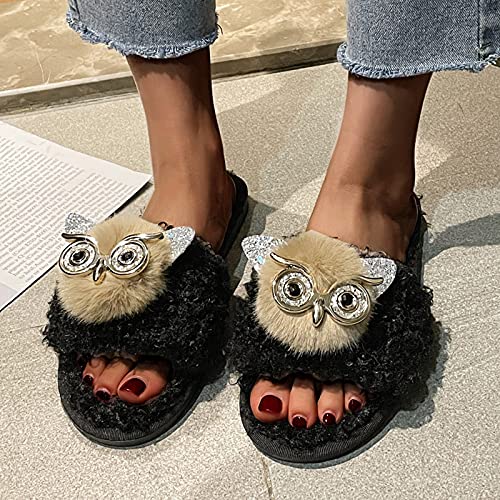 Casual Shoes Owl Plush Cute Slippers for Women Open Toe Indoor House Slippers Bedroom Slides (Black, 7.5)2