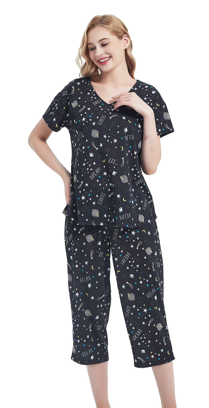 CHUNG Women Cotton Pajama Sets Sleepwear pjs Short Sleeve Shirt Capri Length Crop Pants Cute Vivid Print