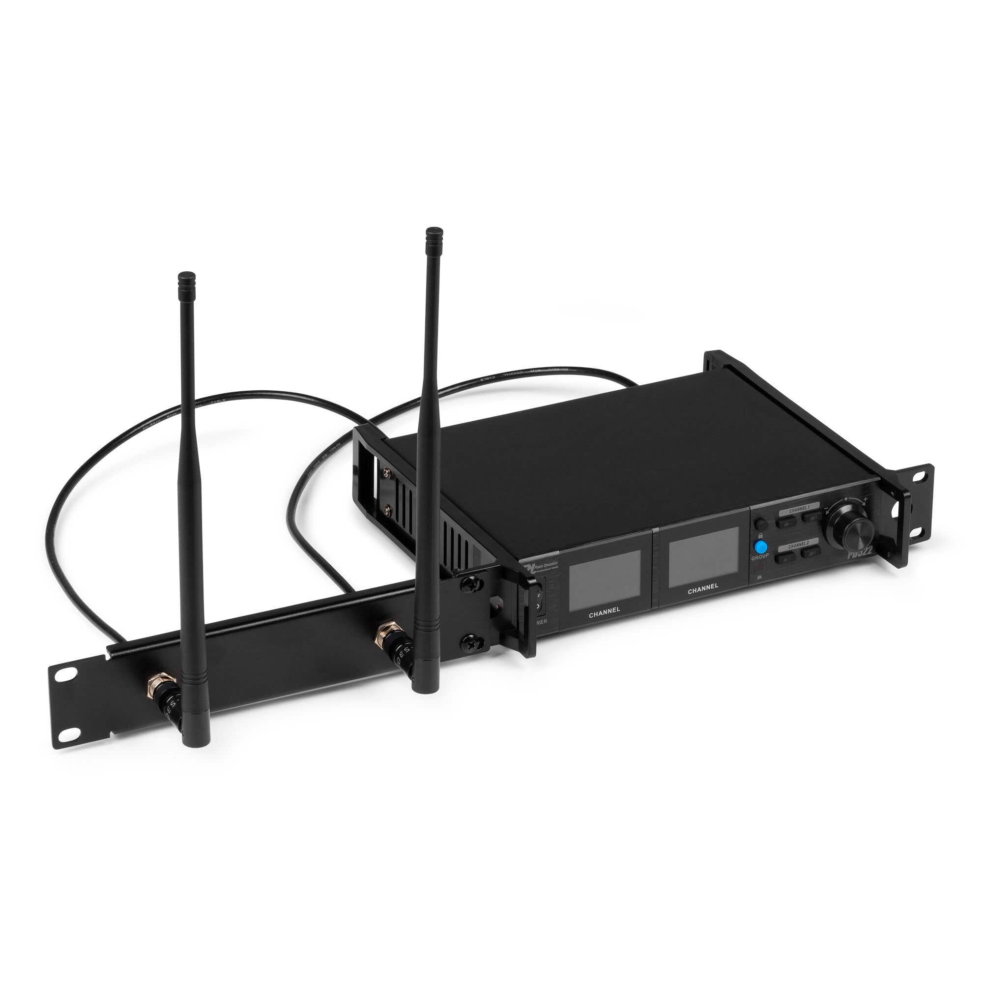 Power Dynamics PD522B - Sistema microfonía UHF Profesional con 2 petacas, Diadema y Solapa, 100 Canales, Receptor con Salida XLR, baterías Recargables, Montaje en Rack, sin Licencia