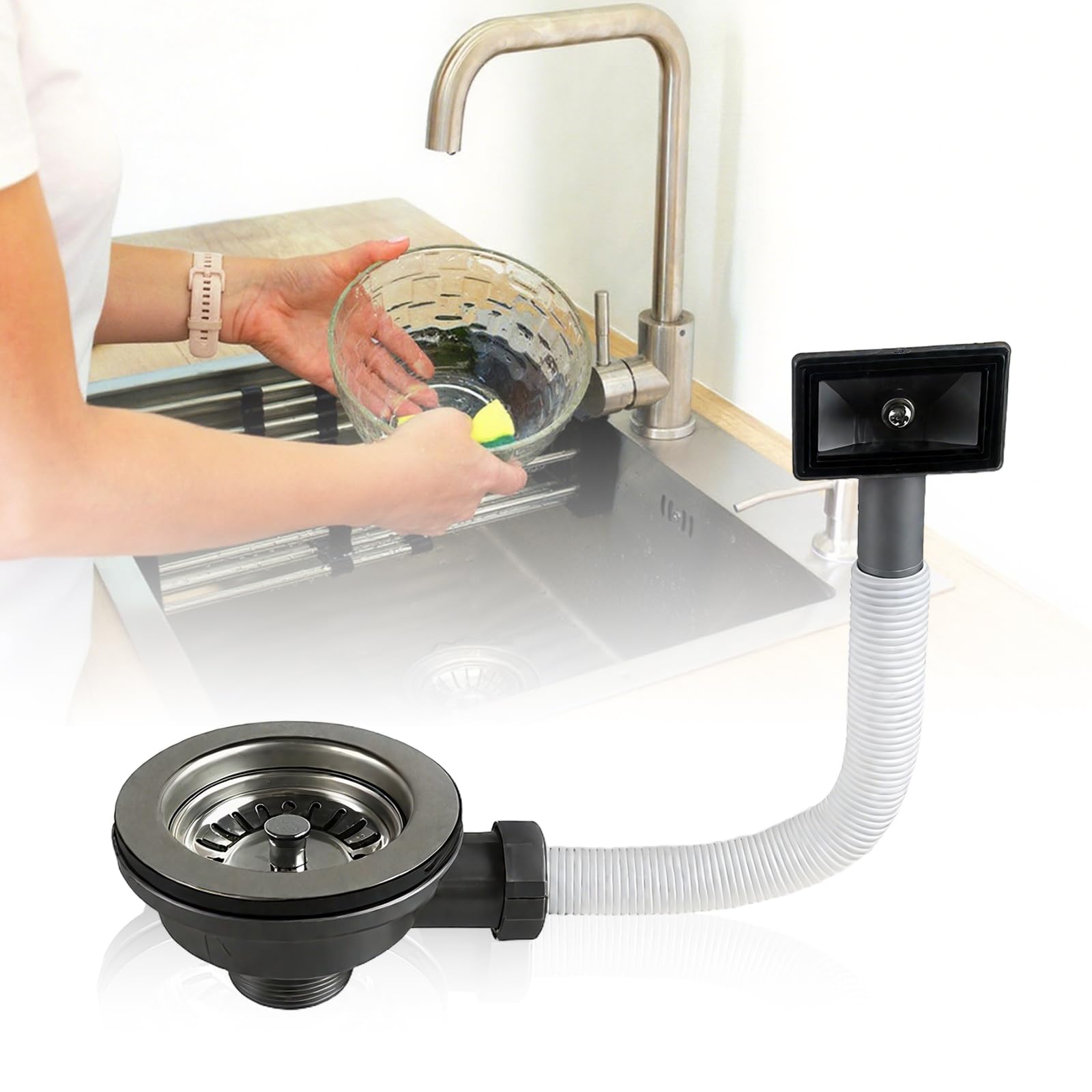 Kitchen Sink Waste Kit, Stainless Steel 114mm Sink Overflow Kit with Square Drain Cover Universal 1.1/2" Interface for Home Kitchen Balcony Sink