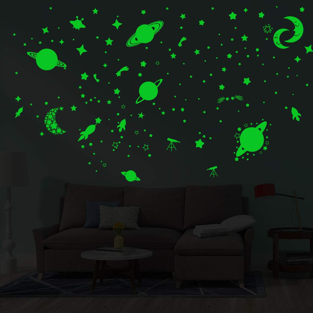 Alnicov Green Glow In The Dark Stars And Planet Wall Stickers,Luminous Galaxy Moon Stars Rocket Ceiling Diy Wall Stickers For Bedroom Living Room Birthday Christmas Decor