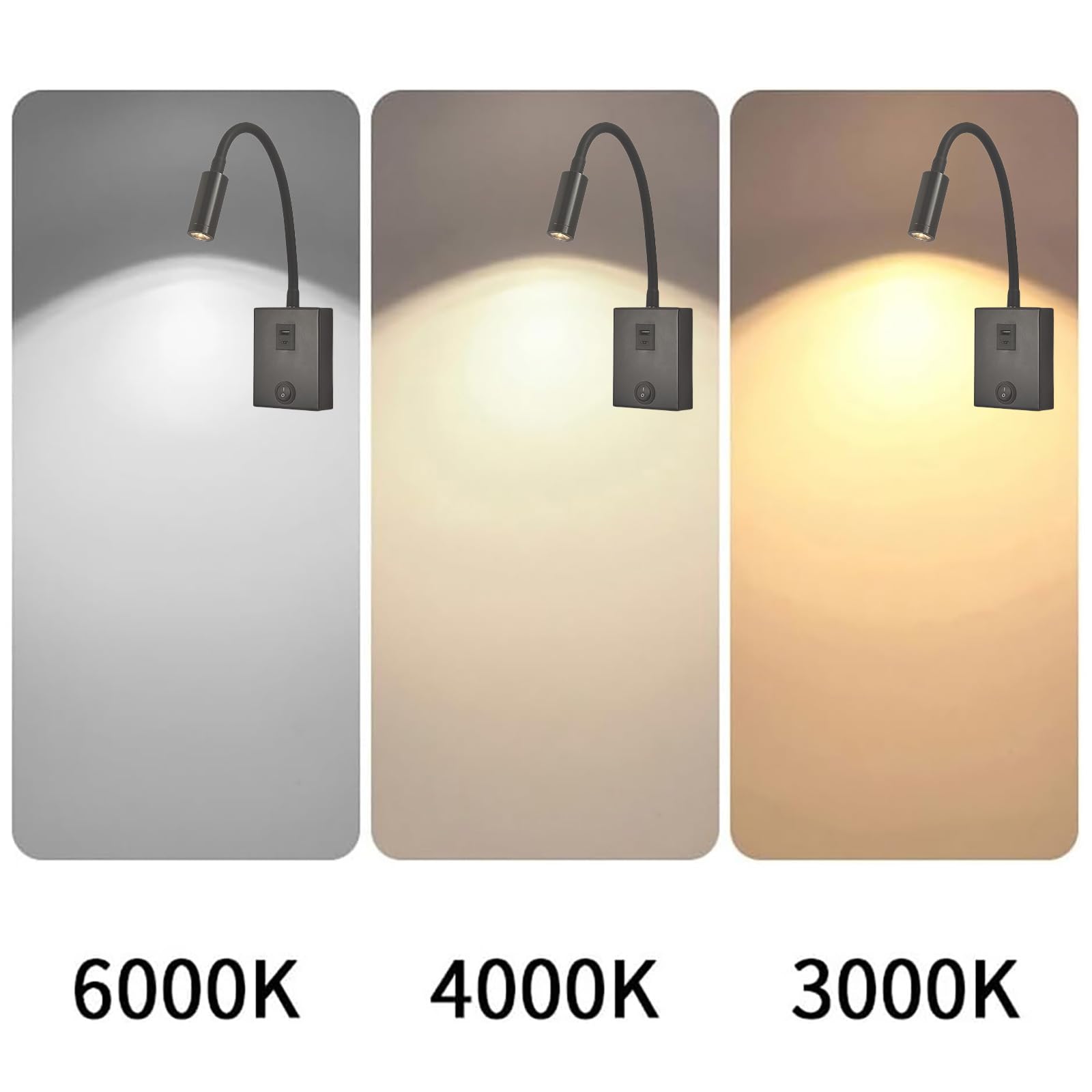 Aplique de Pared con Enchufe y Cable Lampara de Lectura Cama LED Montada con Puerto USB Luz de Lectura Interruptor Lámpara de Cuello de Cisne Regulable Flexible para Dormitorio (Luz Neutra,2 Piezas)