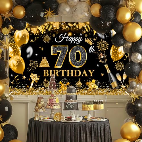 Image of Avezano Happy 70th Birthday Banner for Men Black and Rose Gold Glitter Balloon 70 Birthday Party Backdrop 70 Year Old Bday Photo Backdrop Party Supplies 70.8 x 43.3 Inch