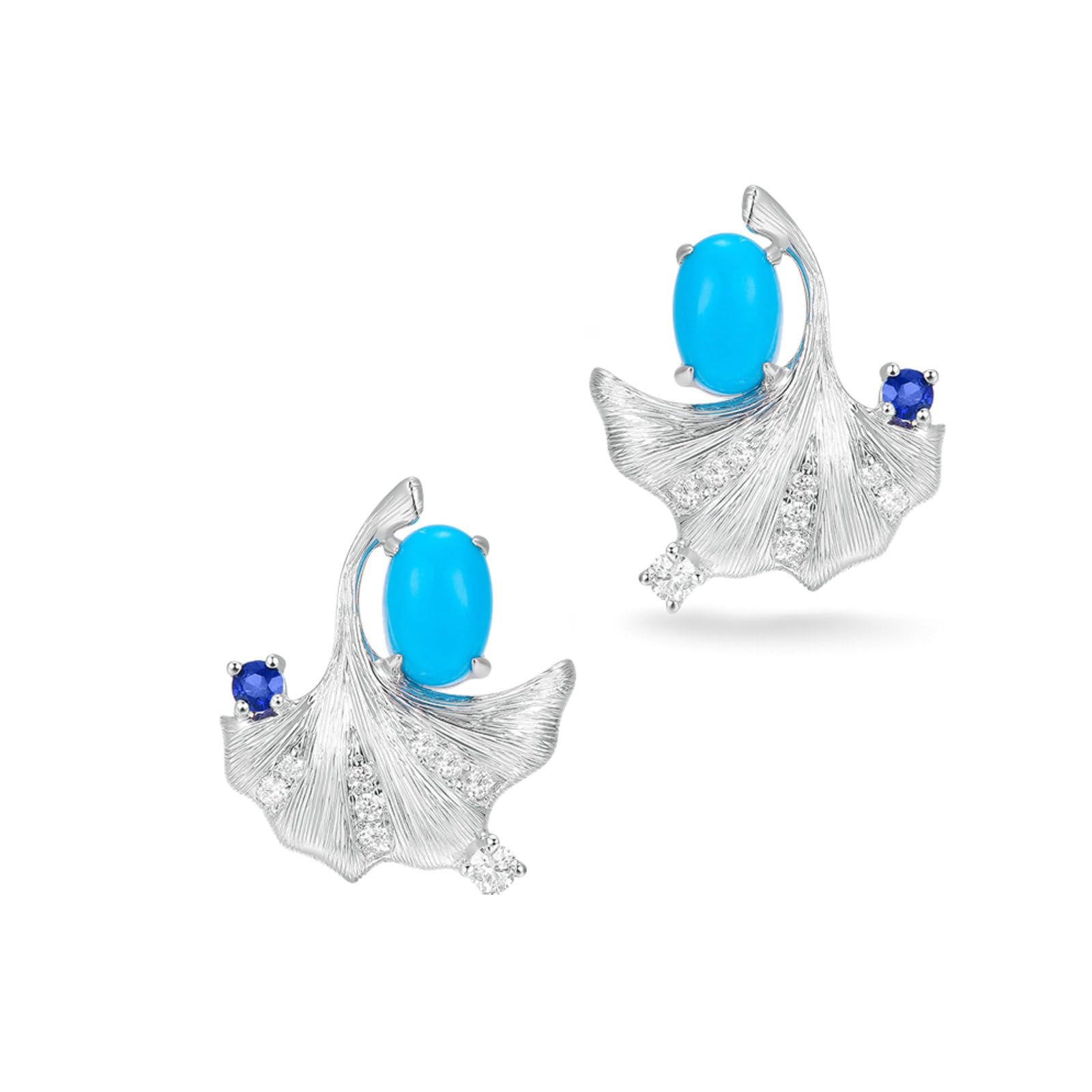 Ohrstecker Damen, 9/14/18K Weißgold Ohrringe Ginkgoblatt mit 1,09 ct Türkis und Saphir, Diamant
