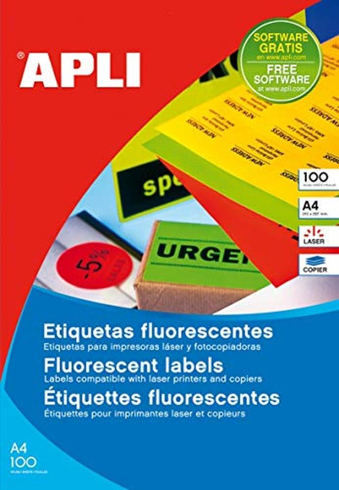 APLI 12981 Étiquettes Jaune Fluorescent Permanent 64 x 33,9 mm 100 feuilles