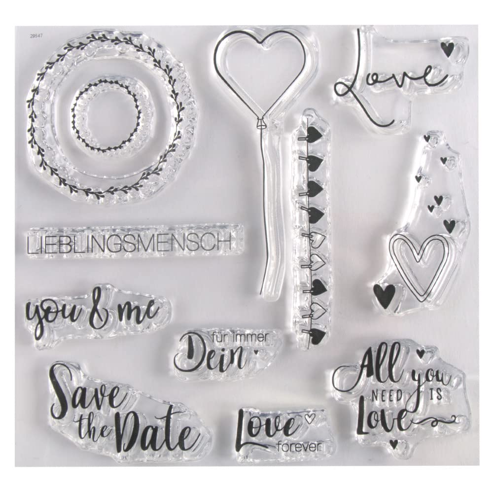 Rayher 50244000 Set of 12 Clear Silicone Stamps for Card Making and Crafting, Assorted Sentiments and Heart Designs, 102.5 x 97 mm