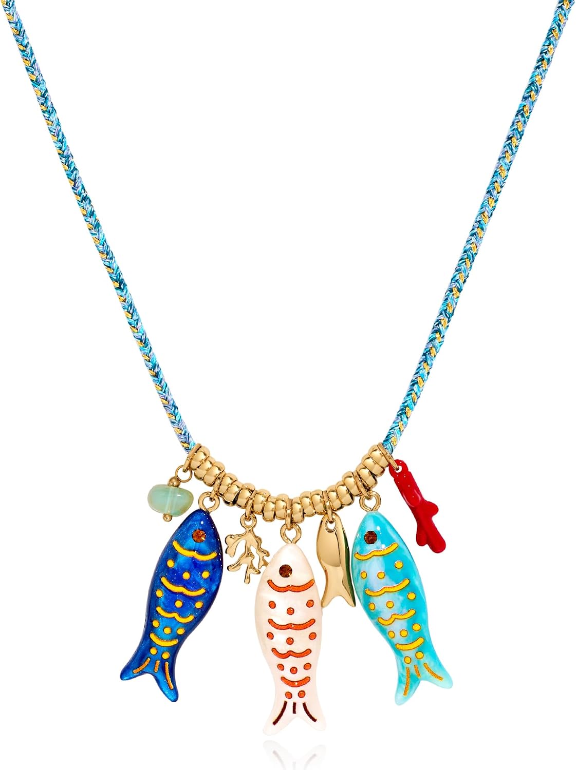 MUYAN Boho Colored Acrylic Fish Charm Necklace with Bright Blue Cord Chain Seashore Beach Necklaces for Women Summer Ocean Jewelry