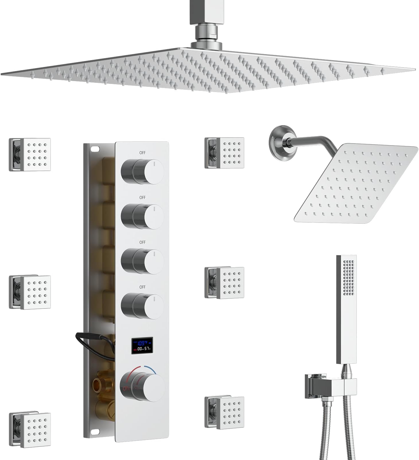 Tempreature Display Smart Shower System with Handheld Spray, 6 Body Jet, 2 Rain Shower Head(12+8 inch), Polished Chrome