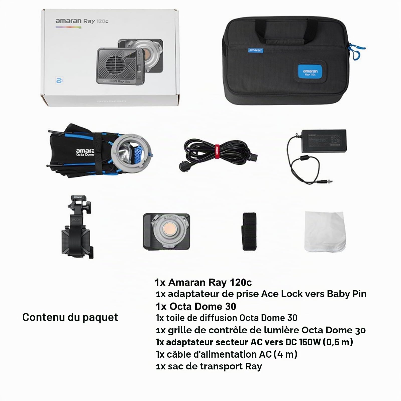 Éclairage vidéo Amaran Ray 120C RGB, projecteur LED COB de 120 W avec Monture Bowens et softbox Octa Dome 30, température de Couleur réglable de 1 800 K à 20 000 K, contrôle Via Application Mobile.