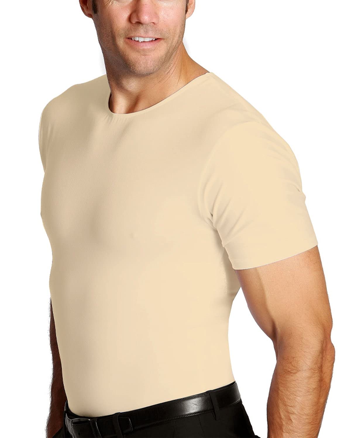 Insta Slim Made in USA Compression Crew-Neck Shapewear Undershirt for Men. Tummy Control Slimming Body-Shaper & Back Support Nude