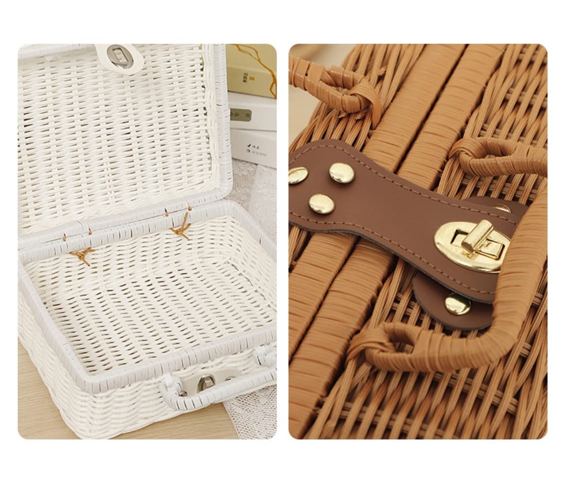 Cestino da picnic in rattan, per esterni, stile country, con doppio manico, per campeggio e conservazione degli alimenti