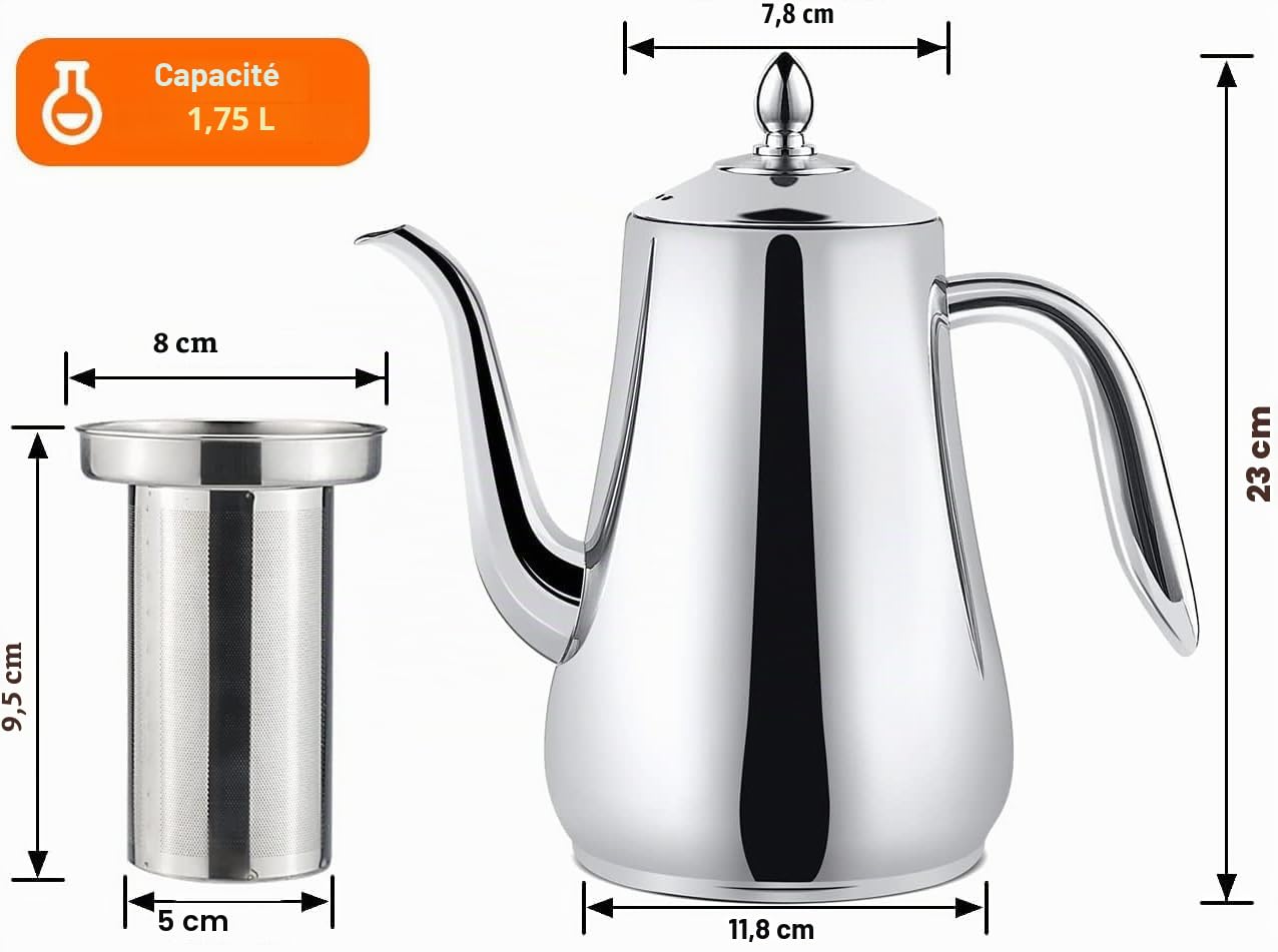1750ml Théière en acier inoxydable avec infuseur Style moderne，Bouilloire de grande capacité, cafetière goutte à goutte, bouilloire froide,argent