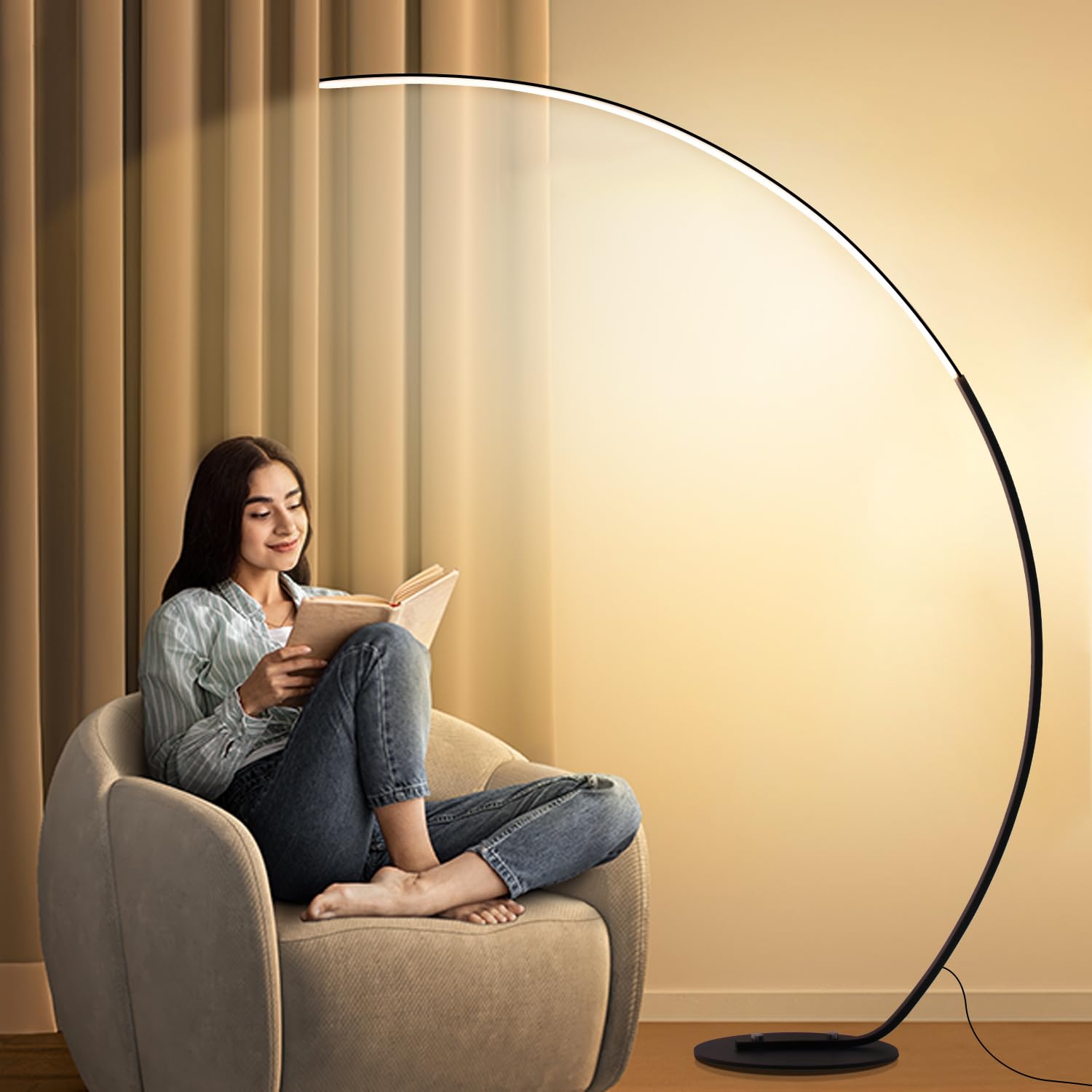 LED Vloerlamp woonkamer Dimbare Booglamp, 25W Goud vloerlamp met Afstandsbediening, Moderne Minimalistisch Staande Pianolamp, Staande Lampen Voor Huiskamer Slaapkamer Werkruimte, 170cm