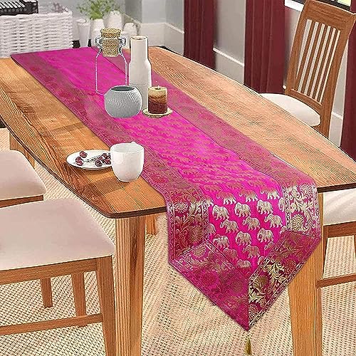 Image of Traditional Brocade Silk Table Runner for Living Room 4 to 6 Seater Dining Table Runner Elephant End Tassels 14x80 Inches (Pink)