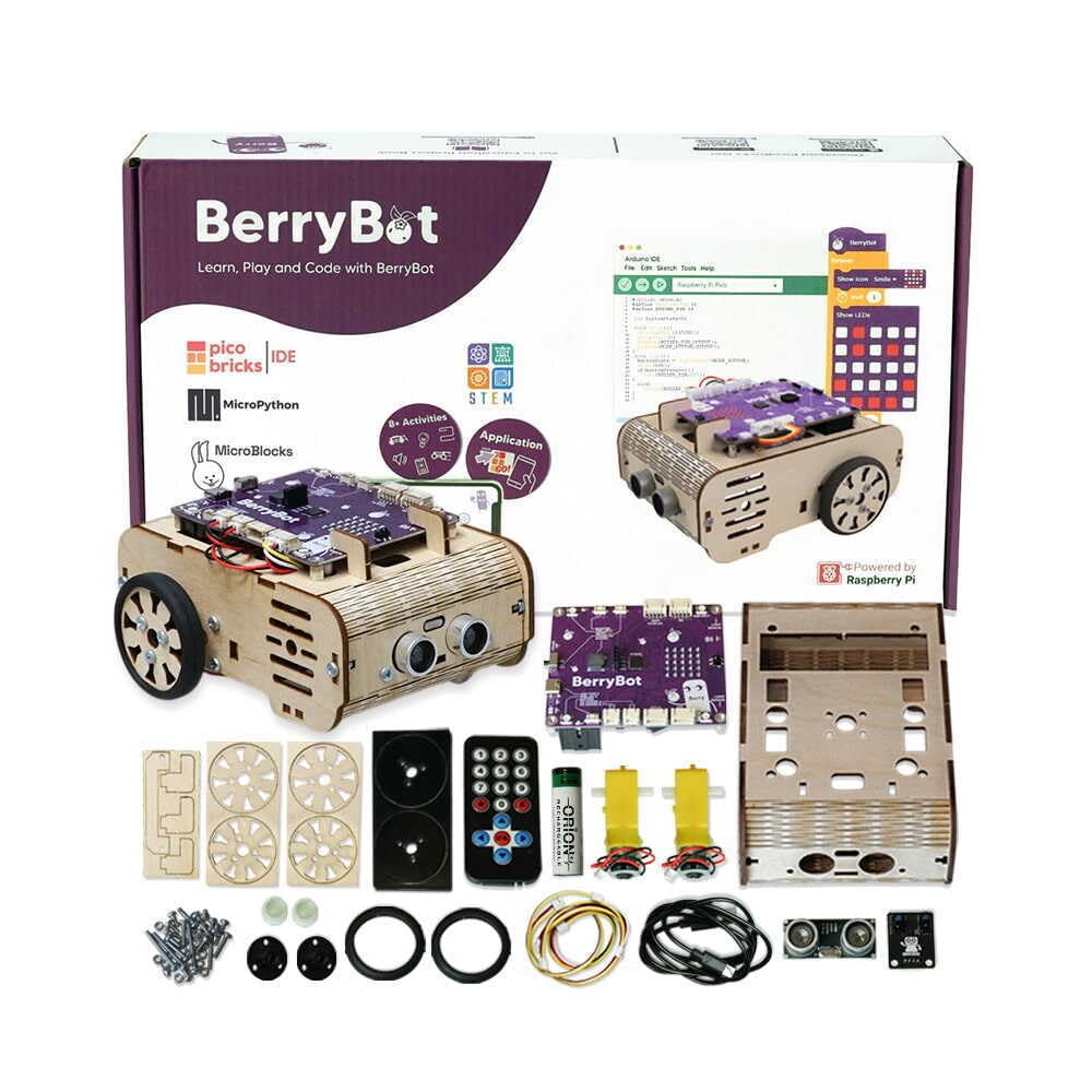 BerryBot – Programmable Robot Kit with Raspberry Pi RP2040 | STEM Learning, Graphical Coding, Easy Assembly, Obstacle Avoidance, Line and Light