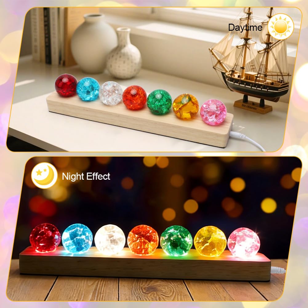 Set di 7 Sfere di Cristallo con Supporto in Legno LED, Sfere di Cristallo 3D Incandescenti, Decorazione Casa per Soggiorno Camera da Letto, Meditazione Chakra Ornamento