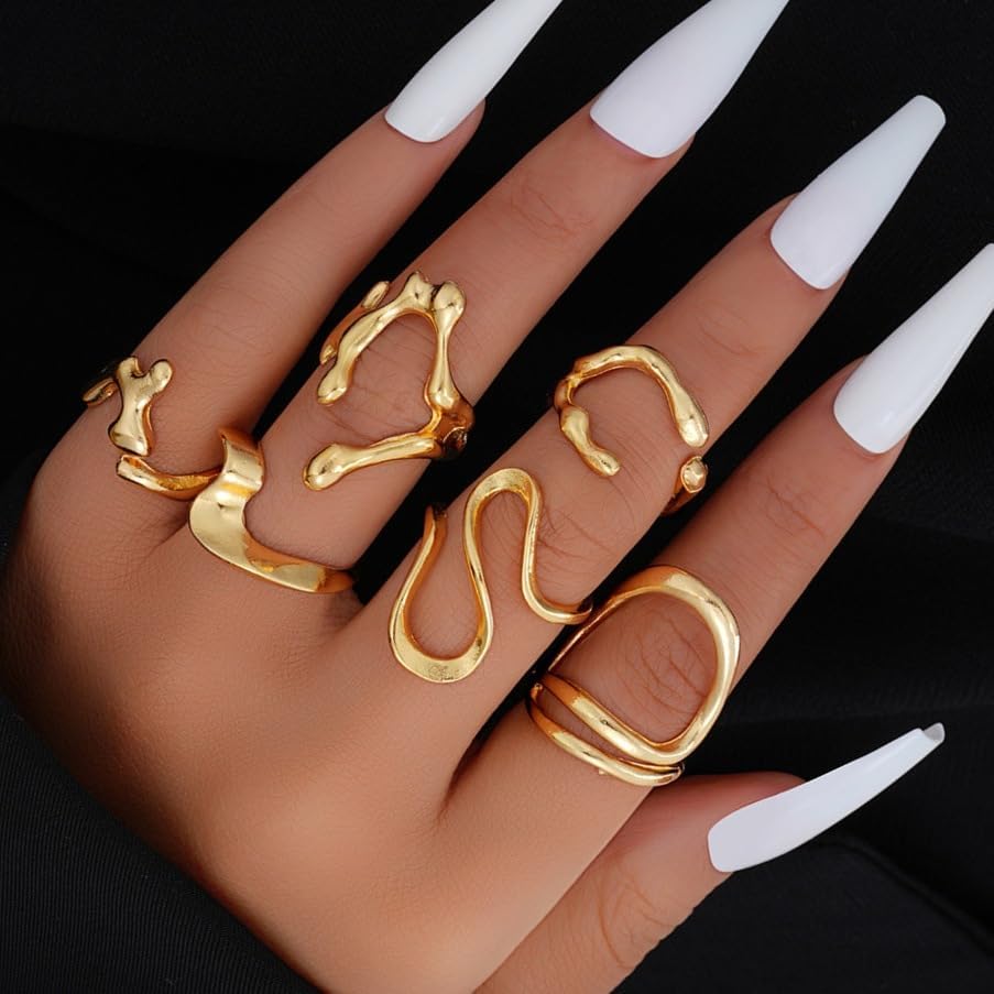 Gold Chunky Rings Set Chunky Gold Flower Rings Pearl Stacking Statement Rings for Women 14k Gold Plated Thick Dome Stackable Open Rings Exaggerated Baroque Pearl Stack Rings - Image 3