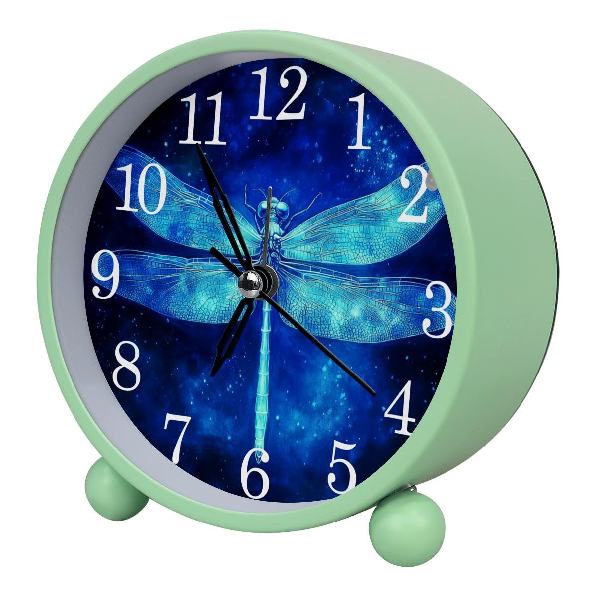 Luoweisi Alarm Clock Blue Dragonfly, Silent Non-Ticking with Night Light, Round Metal Alarm Clock for Office, Battery Operated, Bedroom, Elderly, Adults, Children, Student Gifts