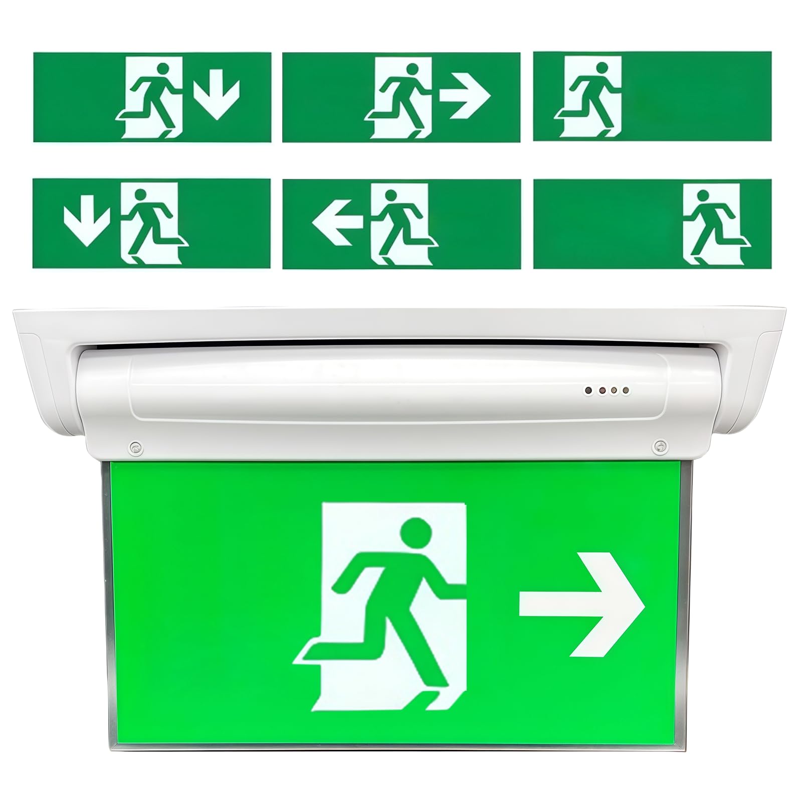Iluminación LED de emergencia de doble cara con duración de batería de 3 horas, protección IP30 contra salpicaduras, batería de litio de carga automática, 6 pictogramas intercambiables, luz