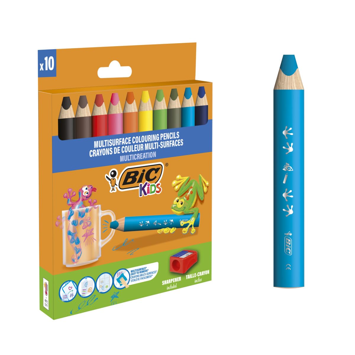 BIC Multi-Surface Colouring Pencils (Slate, Board, Glass, Plastic, Wood) – Box of 10 Large Pencils for Children, XXL Lead, Assorted Colours, Pencil Sharpener Included
