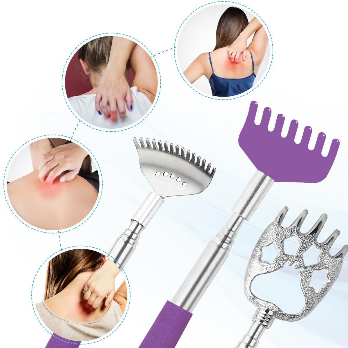 Yeipis Rückenkratzer aus Metall, tragbar, Teleskop-Rückenkratzer mit Gummigriffen, ausziehbares Rückenmassagegerät mit schöner Box, Geschenke für Männer, Frauen, Kinder, Erwachsene, Violett, 3 Stück