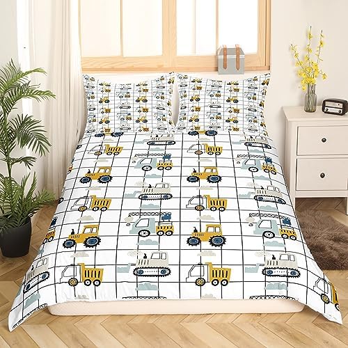 Feelyou Construction Bedding Set Full Size Kids Equipment Trucks Comforter Cover Set for Boys Teens Construction Vehicles Duvet Cover Excavator Tractor Plaid Grid White Bedspread Cover Quilt Cover