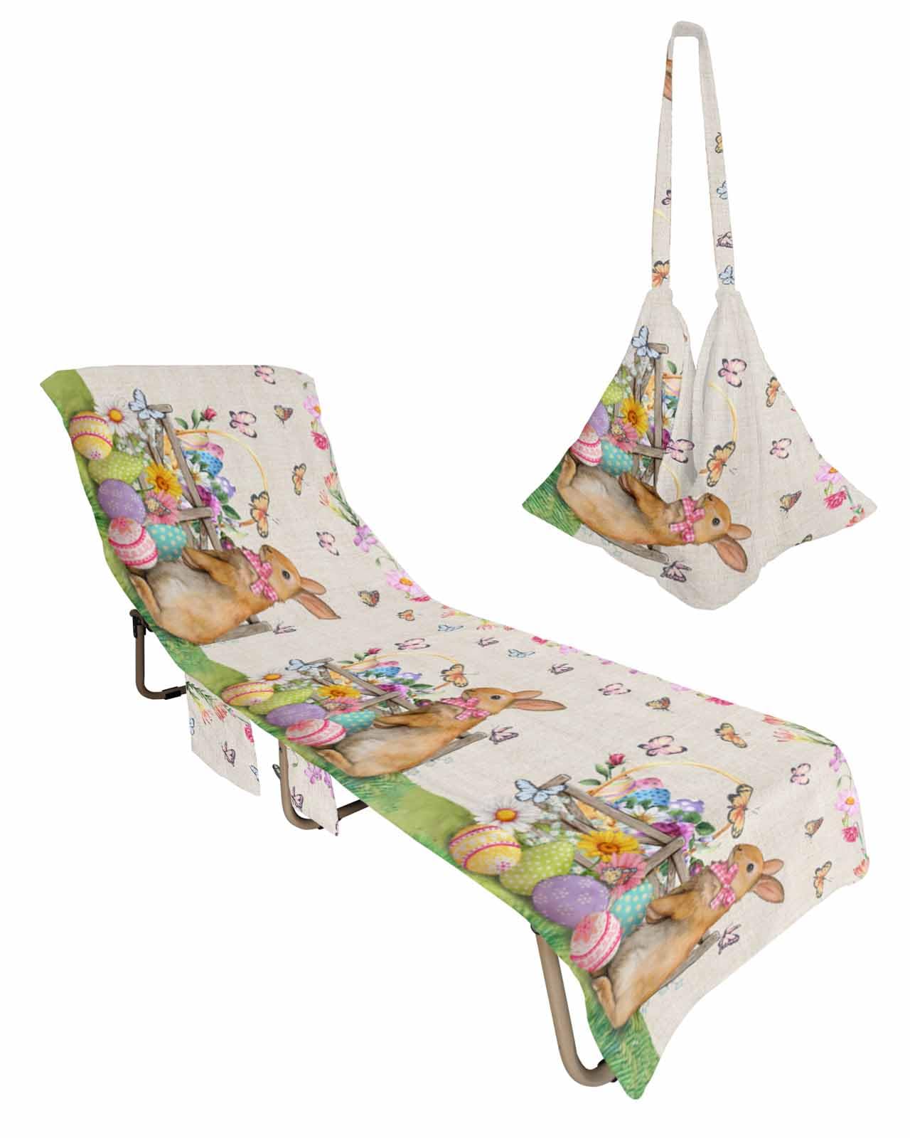 Spring Easter Bunny Beach Lounge Chair Towel Cover, Soft Chaise Lounge Towel with Side Pockets Patio Pool Chairs Cover for Beach/Pool Sunbathing 29x85 Colorful Eggs Floral Butterfly