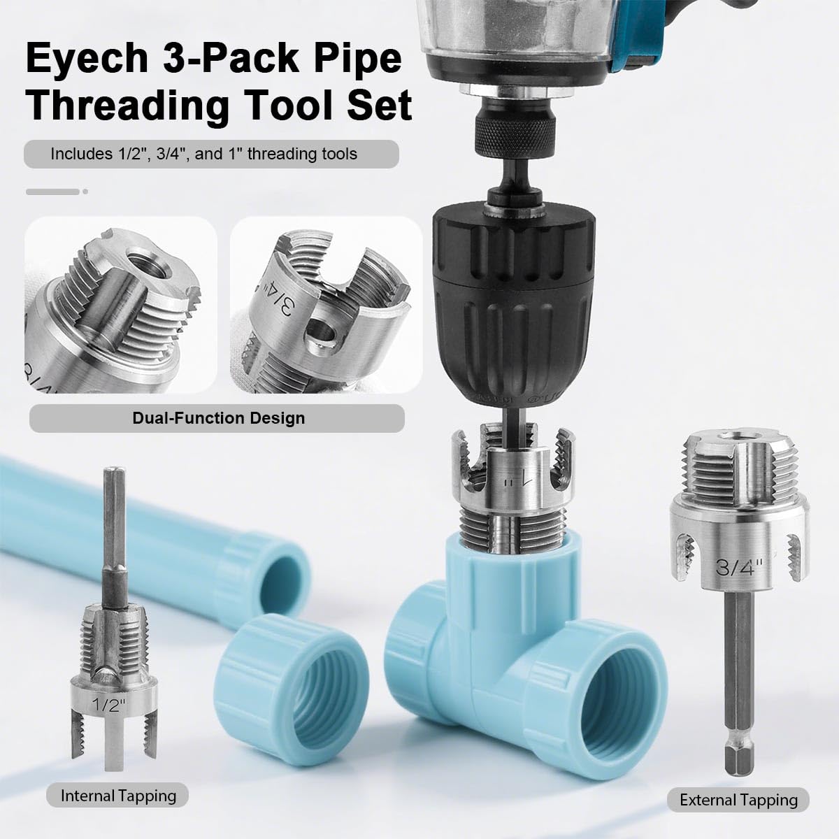 Outil De Filetage Intérieur & Extérieur 1/2" + 3/4" – Compatible Perceuse Électrique Pour PVC, PPR, Plastique