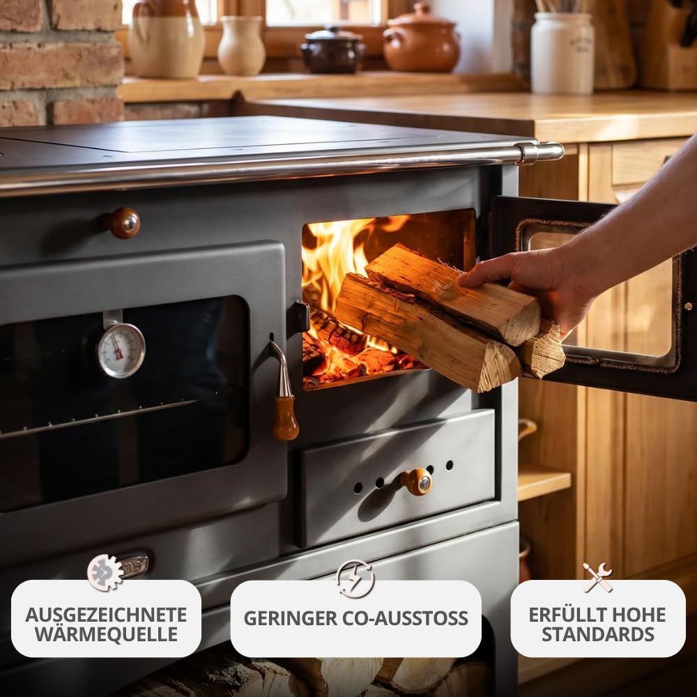 Prity 1P34 Holzofen mit Backofen, linksöffnend, Türscharnier links, Gusseisen-Oberseite, CE-zertifiziert, Festbrennstoffkocher