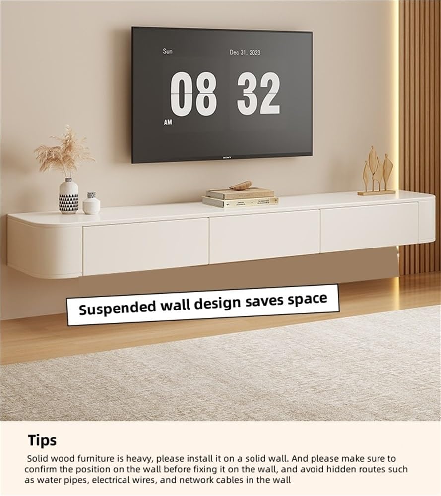 Soporte flotante de madera maciza para TV con cajones, moderno soporte de pared para consola de TV, con almacenamiento, consola de TV para dormitorio, sala de estar (blanco, 63 x 9.5 x 7.9 pulgadas)