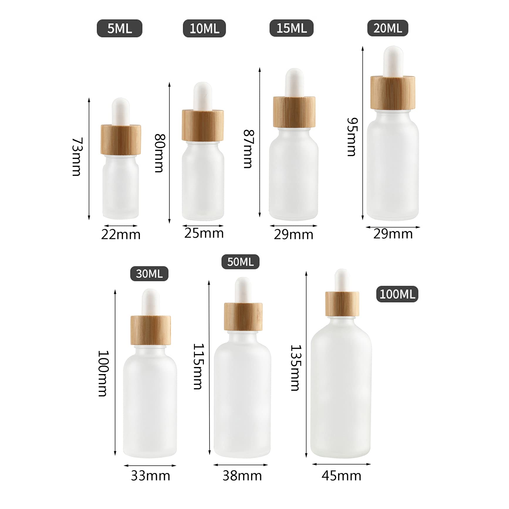Sprühflasche aus Kunststoff, 12er-Pack, 20 ml, leer, mattiert, transparent, Glastropfer mit Glaspipetten, Bambus-Schraubverschluss für ätherische Öle, Aromatherapie-Misc