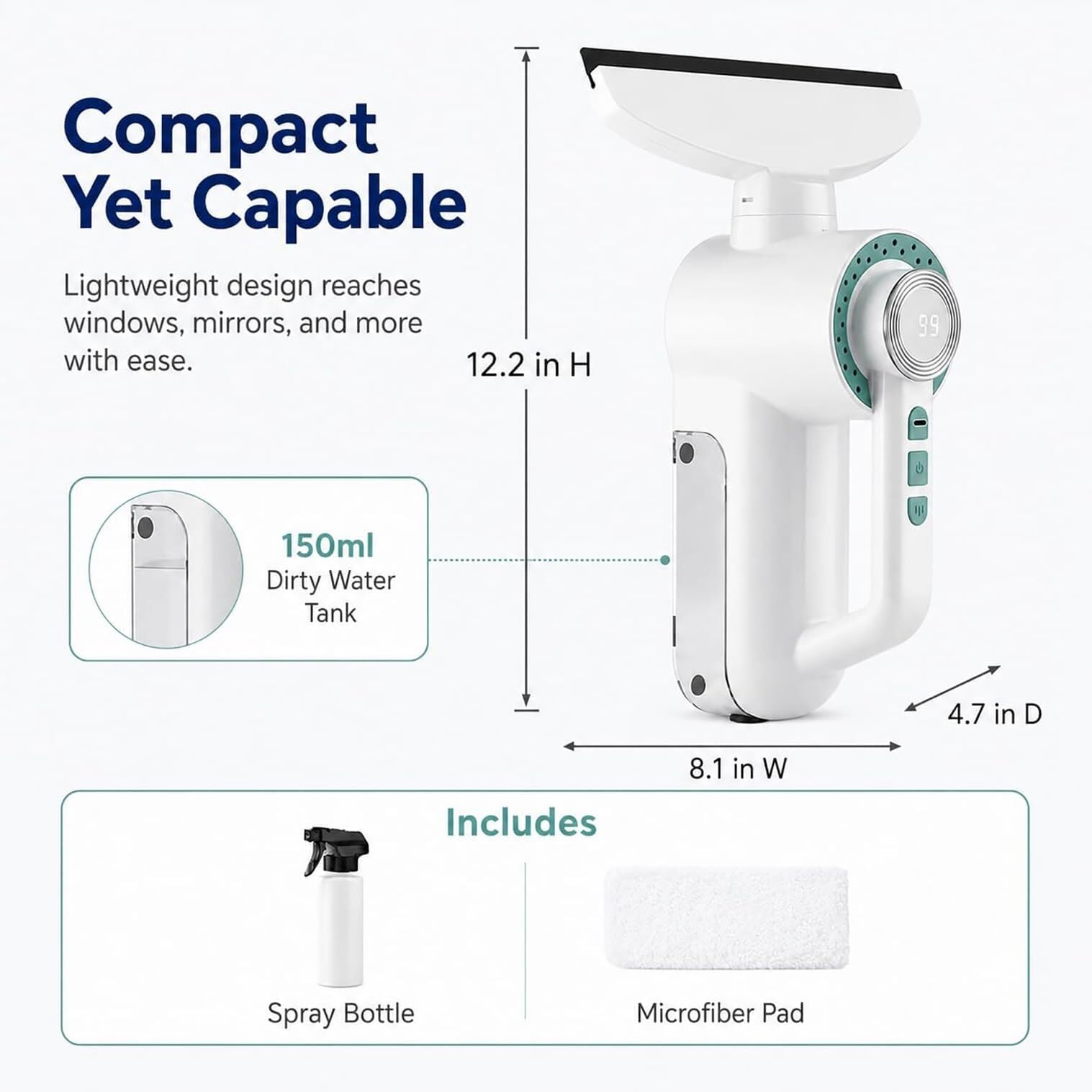 Limpiacristales Inalámbrico Aspirador 150ml | Succión 1500Pa, 3en1, batería 3000mAh, LED, 2 modos. Para azulejos, espejos y coche.(White)