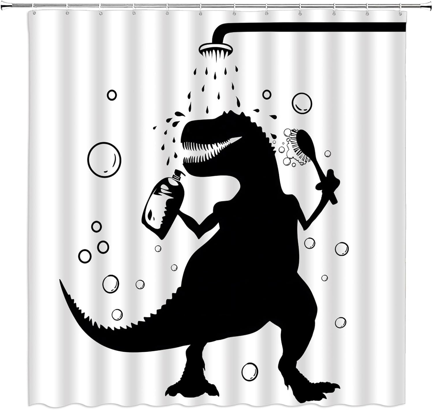 Funny Dinosaur Shower Curtain Dino Cartoon Raptor Silhouette Fun Animal Black White Shadow 70" Wx84 H Fabric Bathroom Decor Curtain with Hooks