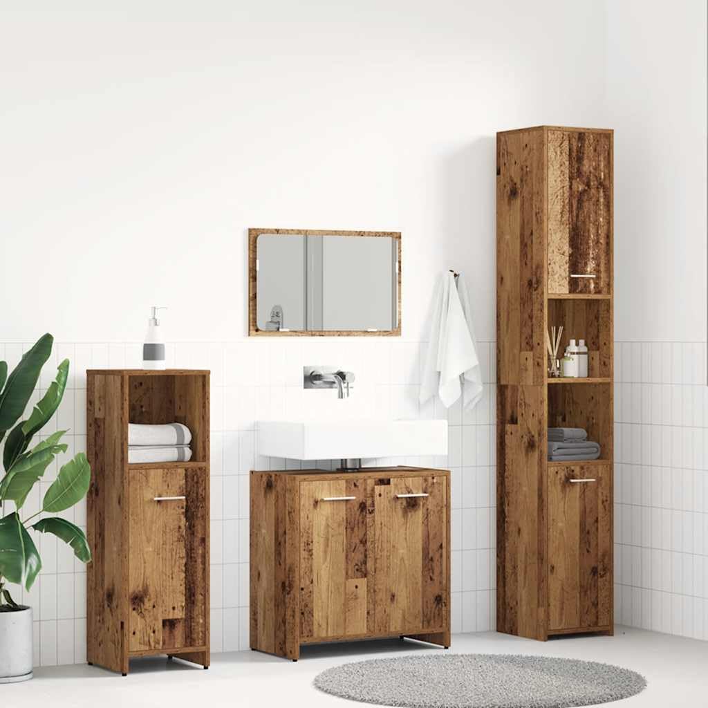 Juego de 4 muebles de baño con aspecto de madera antigua con armario para lavabo, armario con espejo, armario alto, armario colgante para baño, inodoro para invitados, ahorra espacio con