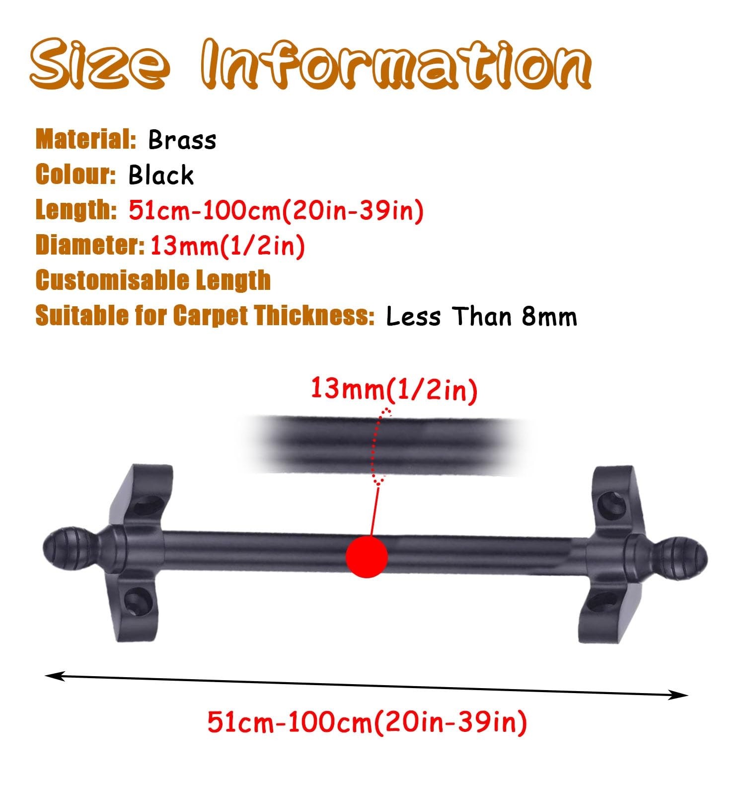Generisch Schwarze Treppenstangenclips, 10er-Set, verstellbare Teppichbefestigungen (61–101 cm), Messing-Treppenläuferrohre für den Innen- und Außenbereich, 85 cm Länge