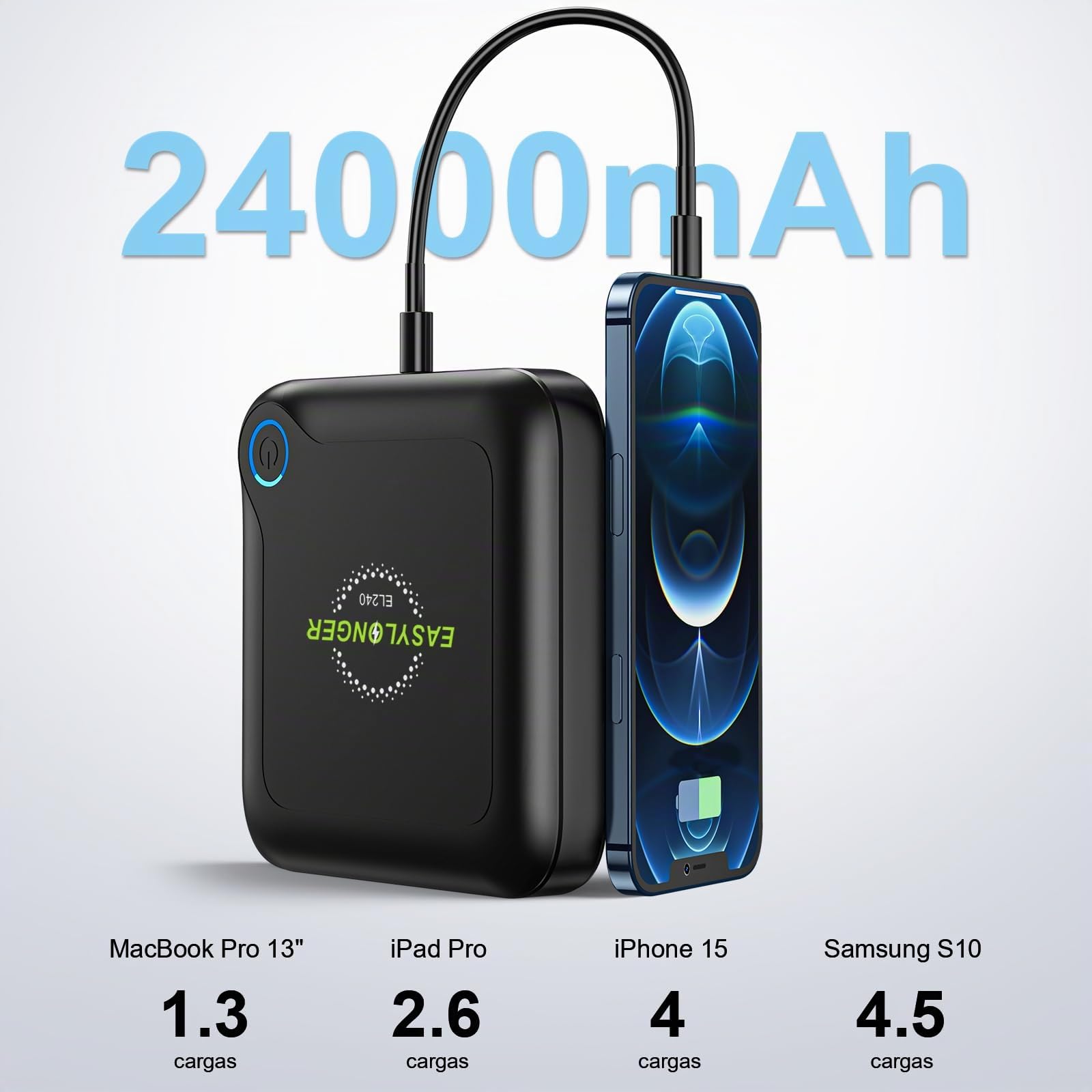 EASYLONGER EL240 Batería CPAP para Air Travle 88Wh 12V 24V Batería CPAP portátil para Camping PD 60W Laptop Power Bank CPAP Power Bank CPAP batterie pour ResMed CPAP Machines/ResMed AirMini/Macbook