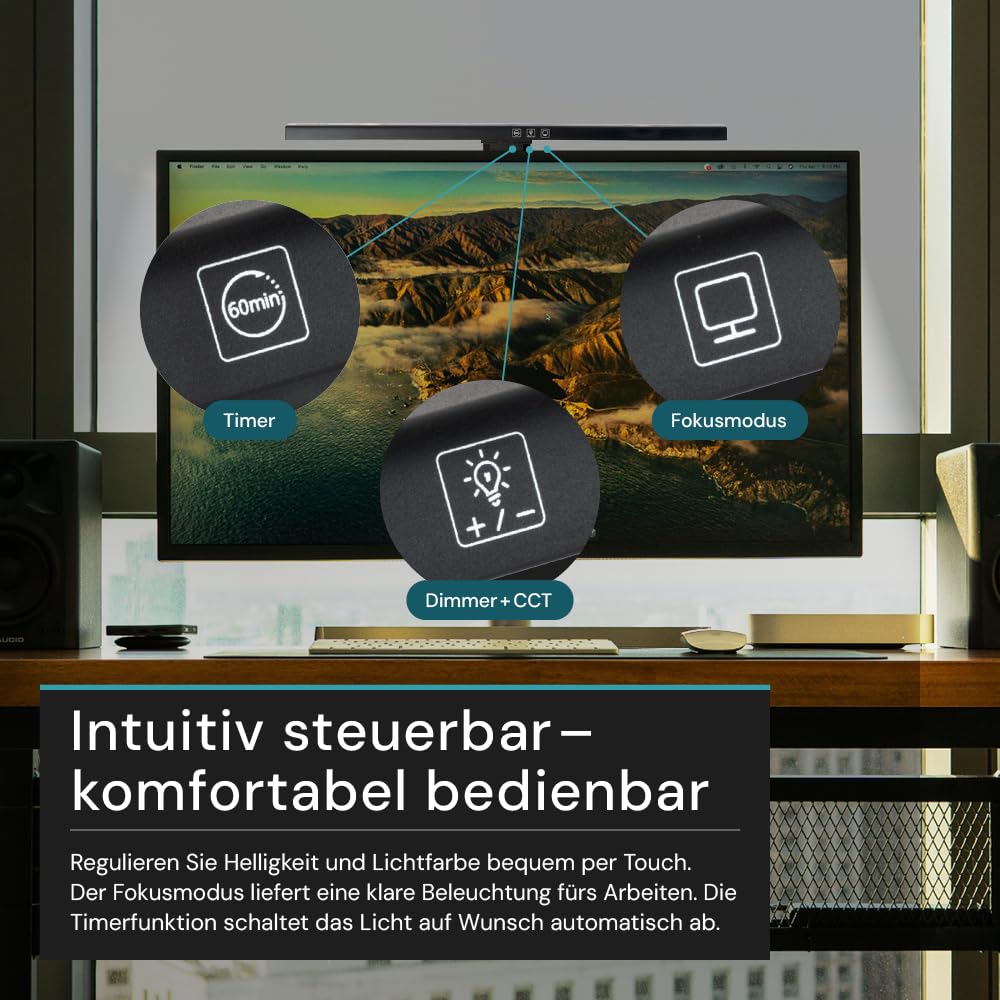 LUXULA 2er Set Monitor Lampe dimmbar mit Touch Control, LED Lichtleiste 50cm für Computer, USB Bildschirmlampe, PC Bürolampe, Schreibtischlampe Home Office - schwarz