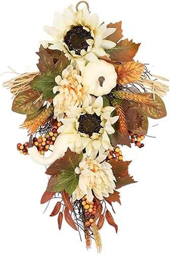 Corona de otoño con diseño de lágrima de Acción de Gracias, hojas de arce, corona de flores artificiales para decoración de festivales de otoño de