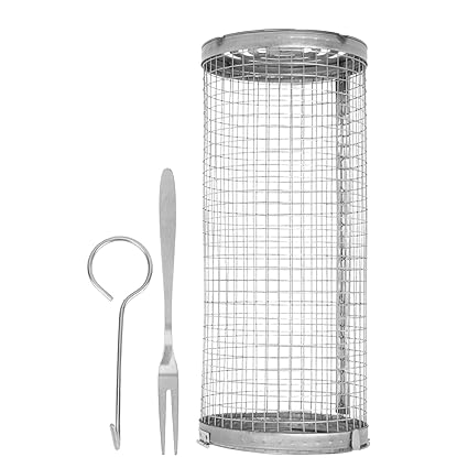 Stainless Steel Wire Mesh, Cylindrical Grilling Basket Foldable Hinged Cover for Party (L)