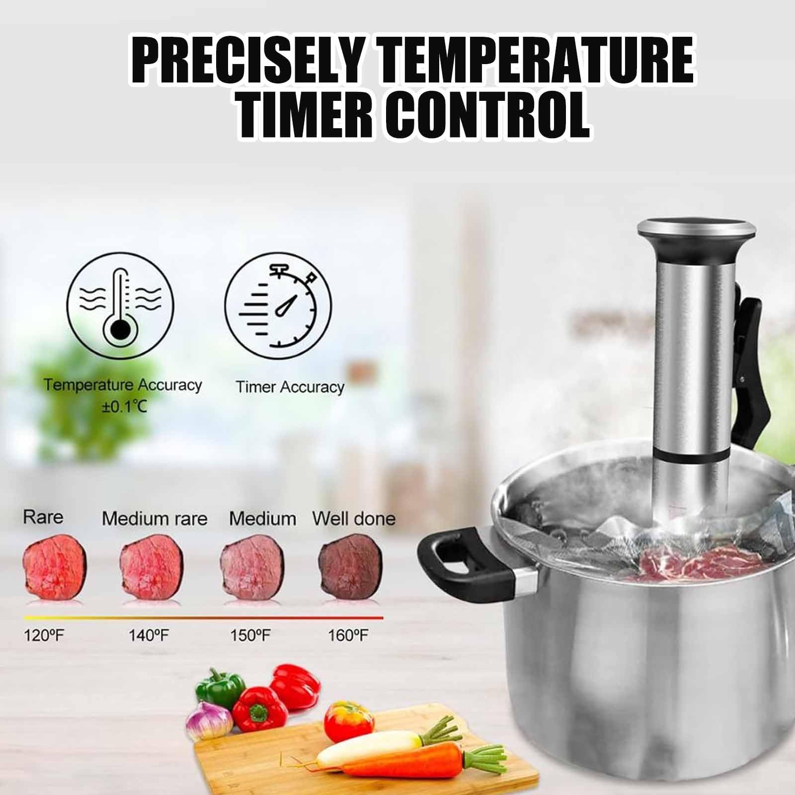 Cyrkulator zanurzeniowy Sous Vide 1200 W z cyfrowym sterowaniem LED i timerem, wodoodporność IPX7, szybki cykl termiczny, przyjazny dla użytkownika i niski poziom hałasu, do precyzyjnego gotowania