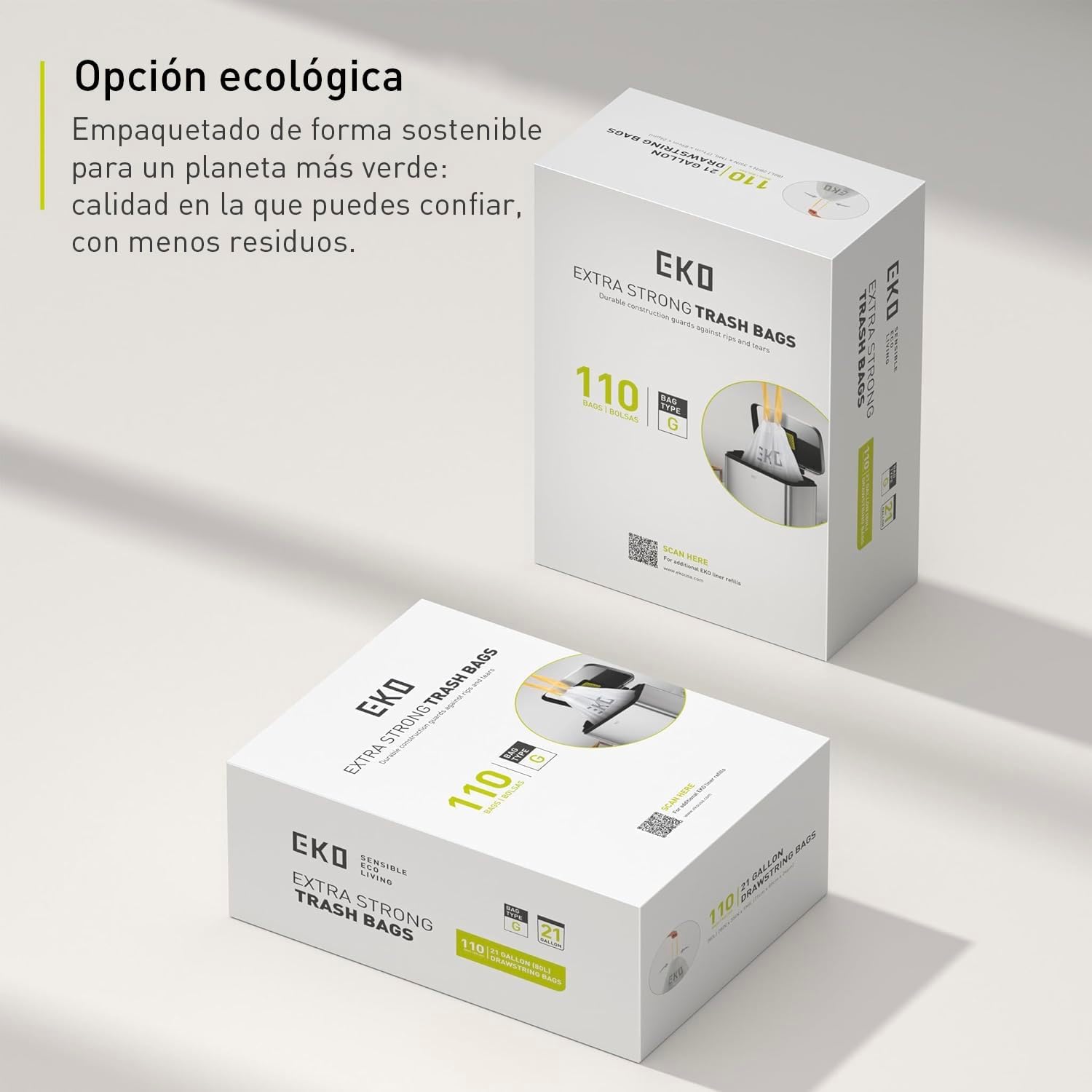 EKO Bolsas de Basura para Cocina Código G 50-90 L Pack de 110 | Bolsas EKO extra fuertes de 50–90 L, antifugas, con cordón reforzado y pack de 110 unidades.